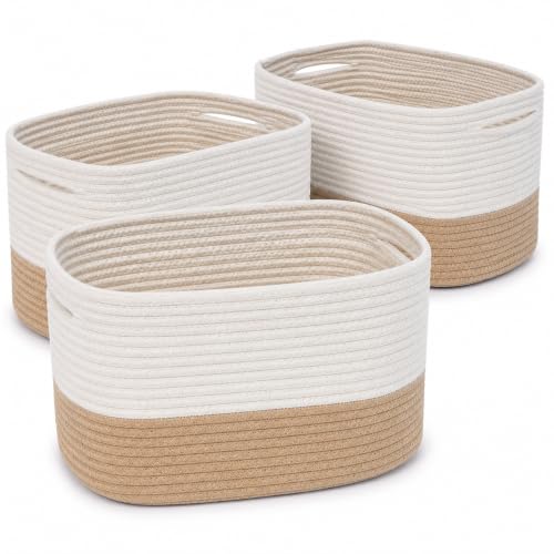 Honey Cotton Rope Baskets for Shelves, Set of 3 - 15"×10"×9½" - Woven Storage Baskets for Organizing - Closet, Nursery, Bedroom, Playroom - Toys, Books, Towels, Clothes - color: Honey / Off-White