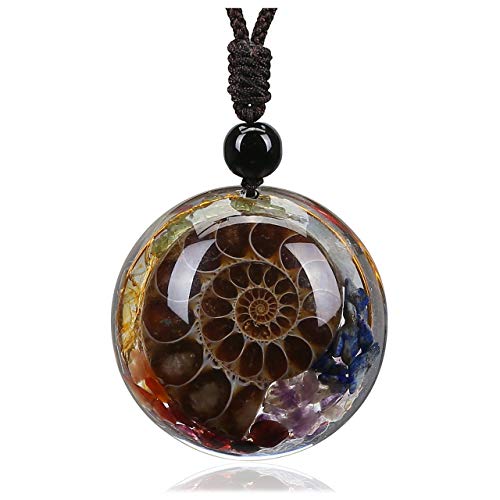 Jovivi 7 Chakra Gemstone Reki Healing Crystal Necklace Round Circle Shape Ammonite Fossil Resin Chip Stones Pendant Necklace for Women Men Life Tree Jewelry Christmas Gifts - color: Ammonite Fossil - 7 Chakra