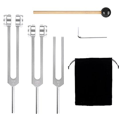 3 Pack Tuning Fork Set(128Hz, 256Hz, 512Hz), Medical Sound Healing Tools Tuning Forks with Reflex Hammer for Healing Chakra Sound Therapy Solfeggio DNA Repair