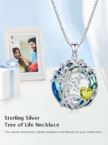 TOUPOP s925 Sterling Silver Family Celtic Tree of Life Pendant Necklaces with 2 Heart Birthstone with Blue Austrian Crystal Jewelry Birthday Valentines Day Gifts for Her, Anniversary Christmas Gifts for Wife Girlfriend Mom (18K Real White Gold Filled) - c