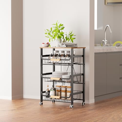 NiuYichee 4-Layer Fruit Basket Kitchen Food Organizer and Rack, Stackable Storage Cart with Desktop, Pull-Out Hollow Metal Basket, Sliding Out Storage (Black 4-Layer Rack)