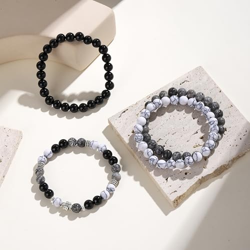 Fengling 4 PCS Beaded Crystal Bracelet for Women 8mm Natural Gemstones Handmade Bracelet for Girls Healing Stretch Bracelets Crystal Jewelry for Women Gifts - color: Map stone&Black pure obsidian &White turquoise