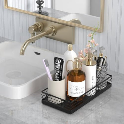 Toilet Paper Basket, 13 Inch Oak and Iron Tank Tray Top of Toilet Storage Toiletries Organizer for Bathroom, Living Room and Kitchen (Black) - color: Black
