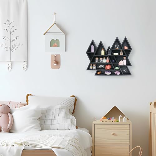 Mountain Crystal Shelf Display for Wall, Wooden Triangle Rock Gem Stone Storage Holder, Meditation Room Decor Spiritual Gift, Wall Hanging Organizer for Trinkets, Knick Knacks, Art Collections