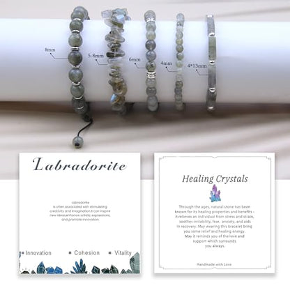 5Pcs Healing Crystal Bracelet for Women Men, Handmade Adjustable Gemstone Bracelets Beaded Reiki Energ Bracelet Set Jewelry Gifts for Women Men - color: Labradorite