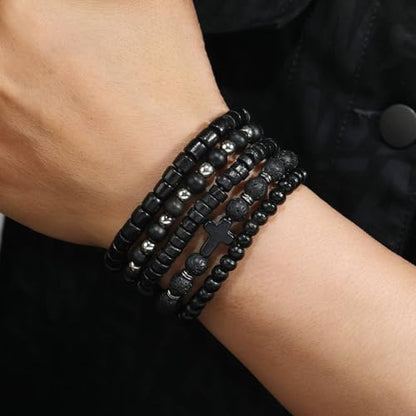 MILAKOO Mens Beaded Bracelets Tribal Wooden Elastic Adjustable Prayer Beads Wrap Cuff for Women - color: B: 5pcs-black