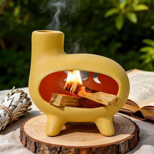 MOUGIGI Elegant Handcrafted Ceramic Palo Santo Burner-Yellow Terracotta Footed Incense Holder for Meditation,Compatible with Wood Sticks,Sage,Ash&Cones-Mini Aromatic Home Altar with Chimney Design - color: Matte Clay - Footed Yellow