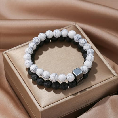 2Pcs Matte Lava Rock Volcanic Stone Beads Stretch Bracelet Stacking Frosted Gemstone Turquoise Seed Bracelet for Men Women Couple Stress Relief Aromatherapy Jewelry Gift - color: P bead