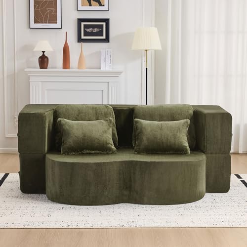 2-in-1 Folding Sofa Bed with Pillow, No Assembly Futon Twin Size Sofa Bed, Breathable Velvet Convertible Couch Bed for Living Room and Guest Room, 78.7 Inch, Green - color: Green-78.7", size: 2 seat