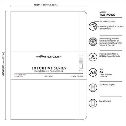 myPAPERCLIP Executive Series A5 Ruled Notebook | 192 Pages, 80 GSM, Soft Cover, A5 (5.83 x 8.27 in) | Flat Lay | Bookmark, Elastic Closure & Back Pocket | Black - color: Black, size: A5, Ruled