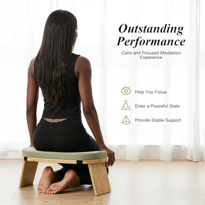 Foldable Meditation Bench with Cushion,Bamboo Meditation Stool,Portable Kneeling Stool,Prayer Bench,Green,Wood Color - color: Green,wood Color