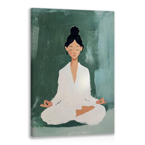 GELDSTEI Framed Zen Wall Art, Tranquil Meditation Wall Decor, Yoga Girl Canvas Painting, Spiritual Aesthetic Picture, Calming Mindfulness Poster Print for Living Room Spa Yoga Studio 12x16 Inch - color: Green, size: 16"L x 12"W