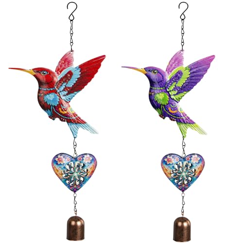 Metal Hummingbird Hanging Decor, Bird Wind Chime Bell Hanging Decor for Outdoor Garden Yard Doors Walls Living Rooms Bedrooms, 2 Pack (Bird-b-Heart) - style: bird-b-heart