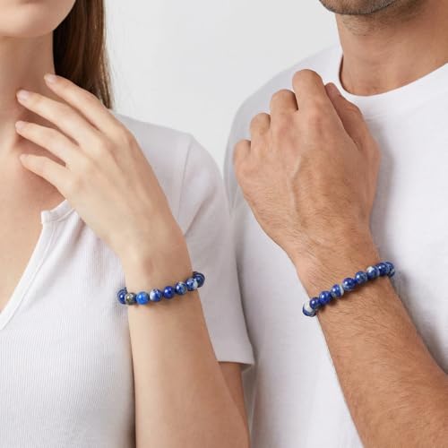 Natural Stone Beaded Bracelets for Women Men - 8MM Semi-Precious Stones Bracelets Adjustable Crystal Beads Stretch Bracelet - color: Lapis Lazuli-1