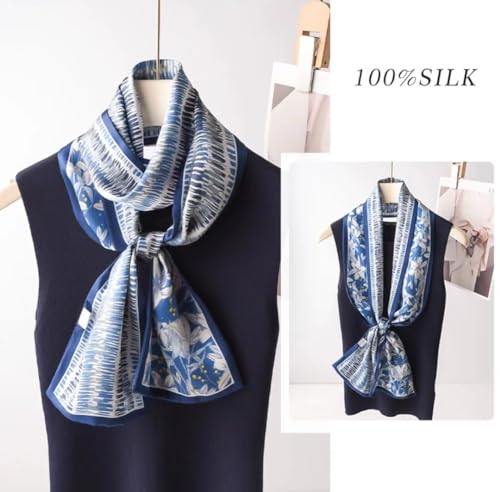 100% Silk Scarf for Women 59”*6.3” Long Shawls for Headscarf and Neck- Oblong Hair Wraps with Gift Packed - color: Blue&white Lilies