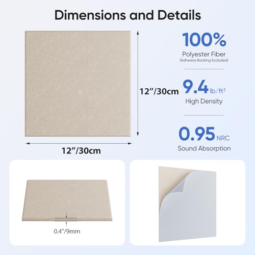 12 Pack 12" X 12" X 0.4" Acoustic Panels for Wall Sound Absorbing, Square Self-Adhesive Sound Panels, High Density Suitable for Multiple Scenarios(Light Camel)