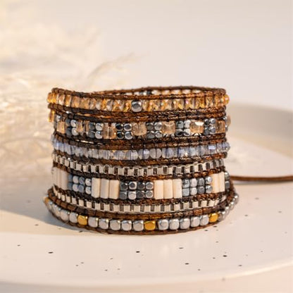 YGLINE Natural Stone Wrap Bracelet for Women Boho Bracelets Healing Crystal Beaded Bracelet Adjustable 3/5 Wraps Bracelet Handmade Birthday Gifts for Women - color: grey