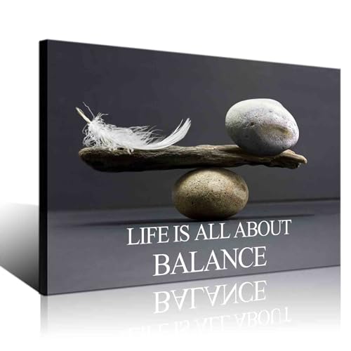 Biuteawal Motivational Wall Art Zen Canvas Print Black White Balance Stones with Feather Picture Painting Inspirational Quote Artwork Framed Home Office Classroom Bedroom Decor Ready to Hang