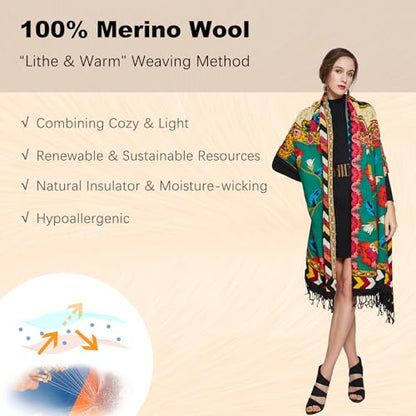 100% Merino Wool Pashmina Shawl for Women 96"x43", Oversized Cashmere Wrap with Tassels, Floral Travel Blanket Cape