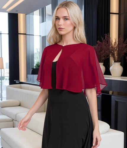 TONGFANTFL Women's Soft Chiffon Capelets Shawls and Wraps for Evening Wedding Cape Bole Cover Up - color: Wine Red