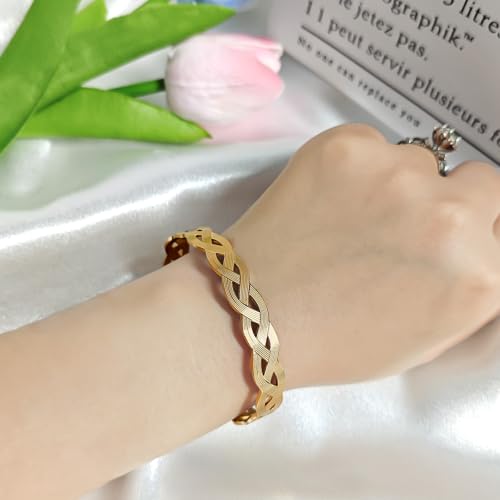 Handmade 925 Sterling Silver Bangle Bracelet Simple Silver/Gold Adjustable Cuff Bangles Durable Stainless Steel bracelet for Men &Women Daily Jewelry Gift for Anniversary Birthday Gift - color: gold01