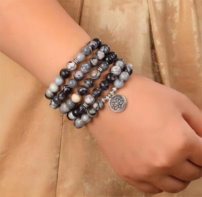 Mala Bead Strand Bracelet, 108 Buddhist Prayer Beads Yoga Meditation Green Malachite Beads Necklace Women man - style: Black Netstone