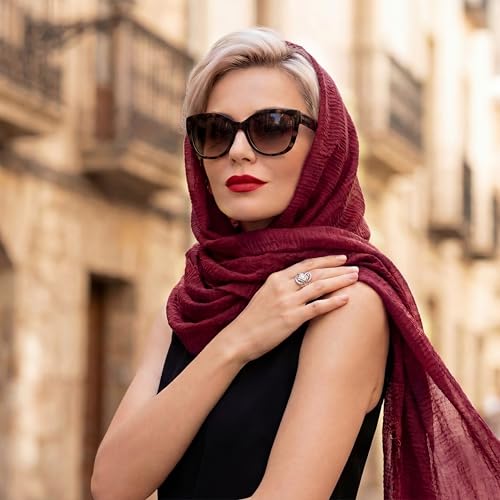 Geyoga 6 Pcs Women Scarf Shawl Hijab Scarves Cotton Crinkle Hijab for Women Blend Shawl Crinkle Wrap Head for Seasons - color: Dark Red