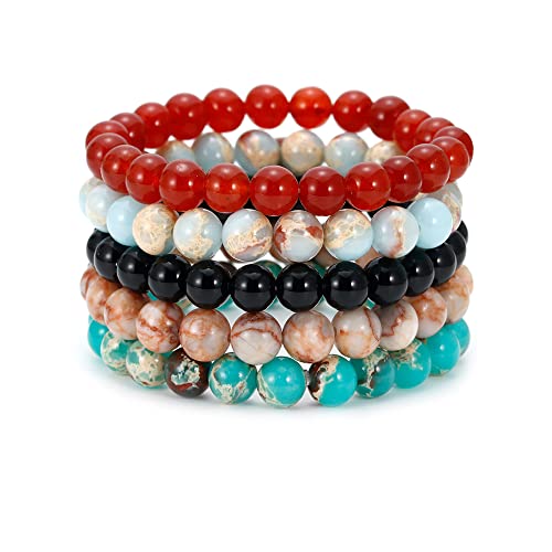 BOMAIL 5PCS Semi-Precious Gemstone Bracelet - Healing Crystal Stone Beaded Bracelets for Women Men 8mm Round Beaded Stretch Bracelets Unisex Yoga Bracelets - color: A