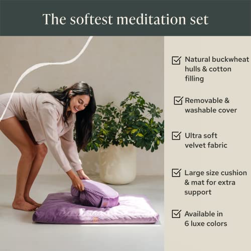 Mindful Modern Meditation Cushion and Zabuton Mat Bundle - Premium Luxury Velvet Meditation Cushion Set for Yoga - Buckwheat Zafu Floor Pillow and Rectangular Mat - Dusty Violet Color