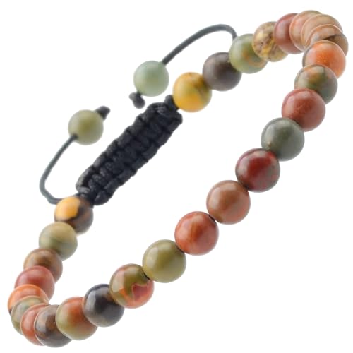 MASSIVE BEADS Natural Healing Power Gemstone Crystal Beads Unisex Adjustable Macrame Bracelets - color: Picasso Jasper, size: 6mm