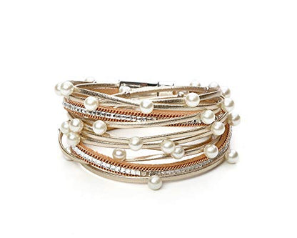 Fesciory Leopard Bracelet for Women, Boho Leather Wrap Multi-Layer Pearl Crystal Bracelet Bangle Jewelry - style: Gold Pearl-Double Wrap
