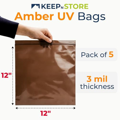 12"x 12" UV Protective Amber Zip Bags, Pack of 5 - Resealable Light-Blocking Plastic Bags for Packaging Light-Sensitive Products, Heavy Duty 3 mil Thick, Moisture Resistant Storage - size: 12"W x 12"L, style: Pack of 5