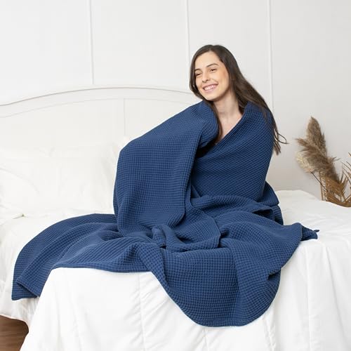 Waffle Blanket Queen Size Bed, 100% Cotton Soft Lightweight Breathable Summer Blanket, Waffle Weave Queen Size Bed Blanket: Blue (90"x90") - color: Blue, size: Queen (90" x 90")