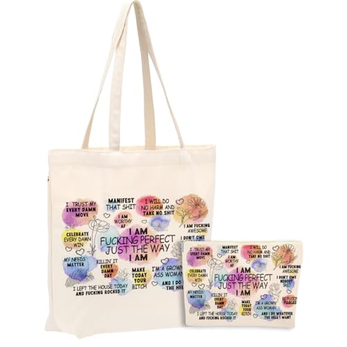 Funny Affirmations 2PCS Makeup Cosmetic Bag Canvas Tote Bag for Beach Shopping Work Office Encouragement Gifts Mental Health Gifts for Women Sister Girl Friend Birthday Friendship Christmas - color: Fucking Perfect 0910