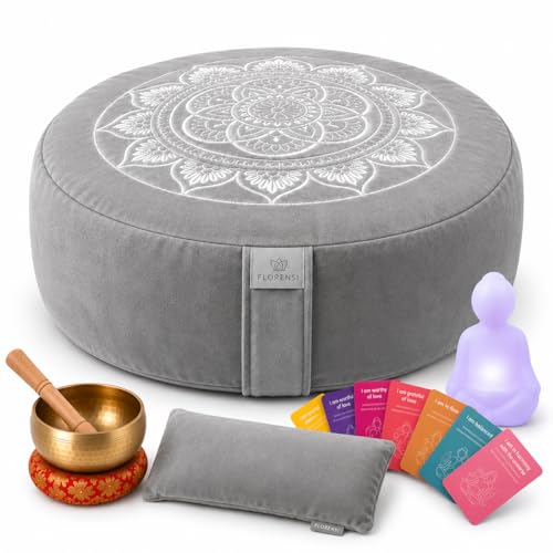 Meditation Cushion Set with Buckwheat Zafu, Breathing Light, Singing Bowl, Eye Pillow & Affirmation Cards – Meditation Kit for Beginners, Mindfulness Gift Set for Stress Relief & Yoga