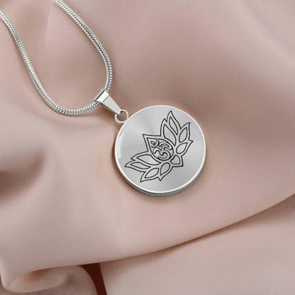 quan jewelry Yoga Lotus Flower Pendant Necklace with Om Symbol, Happy Birthday Gifts Ideas for Mom, Daughter, Women with Inspirational Quote on Gift Card - color: Silver-Tone Cirle Plate