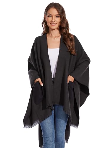 Shawl Wraps for Women, Elegant Knitted Cape Open Front Poncho Scarf Blanket Cardigan Coat for Autumn and Winter - color: Black