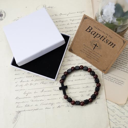 MILAKOO Wooden Bracelet with Black Stainless Steel Cross Charms Bead Christian Gifts for Women Men - color: B3
