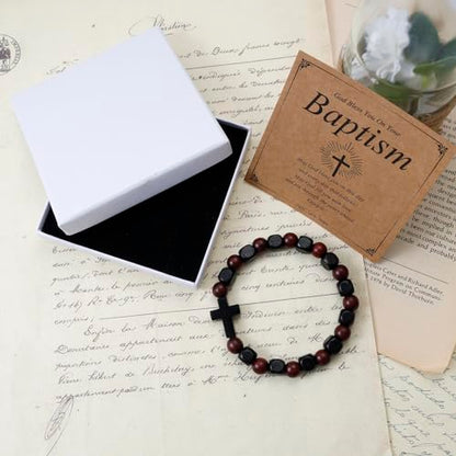 MILAKOO Wooden Bracelet with Black Stainless Steel Cross Charms Bead Christian Gifts for Women Men - color: B3