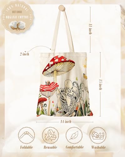Miss Adola Aesthetic Canvas Tote Bag - Reusable Shoulder Tote Bag for Women Lady Casual Vacation, Shopping, Work, Gym - style: Mushroom Skeleton