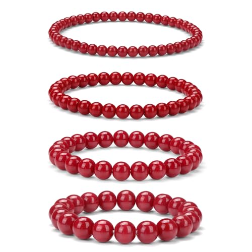 4pcs Beaded Bracelets for Women,Natural Healing Crystal Gemstones Bracelet,Anxiety Stress Relief Bracelet Handmade purple Jewelry Gifts for Women - color: Red agate