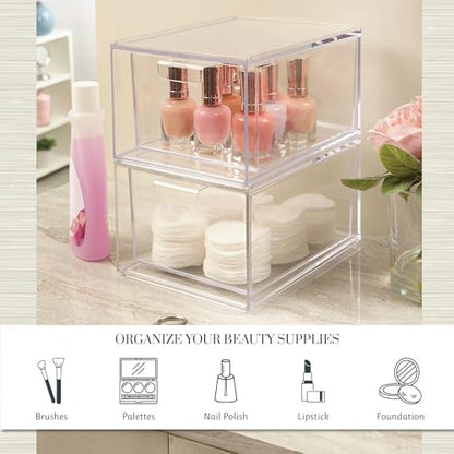 STORi Audrey Stackable Clear Bin Plastic Organizer Drawers | 2 Piece Set | Organize Cosmetics and Beauty Supplies on a Vanity | Made in USA - size: 4.5" Tall Set