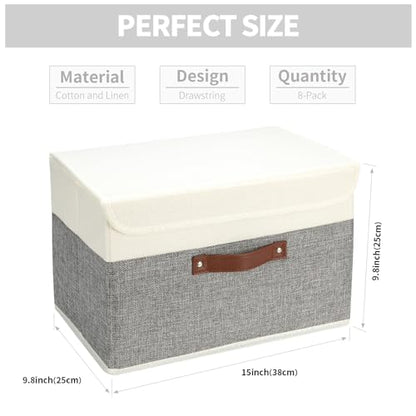 8 Pack Storage Bins Foldable Storage Boxes Fabric Storage Box with Lid & Handle Large Washable Organizer Bulk for Office, Home, Books, Clothes, Bedroom, Closet, (15INx10INx10IN White/Grey)