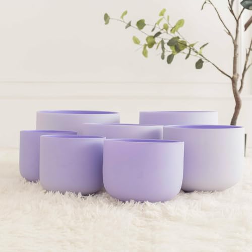 Hye-eun 432hz Purple Crystal Singing Bowls Set of 7Pcs Quartz Frosted Sound Chakra Bowls with Carrying Case for Yoga Meditation Healing Percussion Instruments - color: 7-12inch 432hz Purple 7pcs