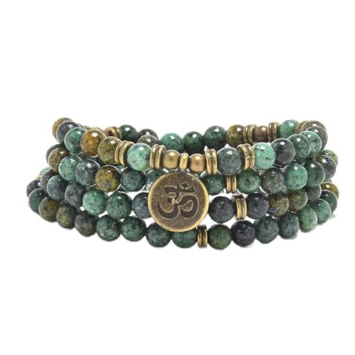 108 Mala Beads Bracelet with om Charm – Healing Stone Meditation Bracelet for Yoga & Prayer, 6mm Beads, Handmade, Gold-Plated OM Charm - style: African Turquoise