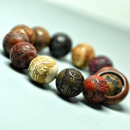 Zen Dear Unisex Natural Colorful Wood Buddhist Prayer Beads Bracelet Necklace Tibetan Mala Prayer Beads - style: 20mm 12beads Carve+Ring