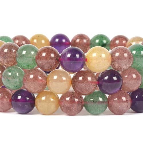 Justinstones Gem Semi Precious Gemstone 8mm Round Beads Stretch Bracelet 7 Inch Unisex - color: Multi-color Strawberry Quartz Amethyst