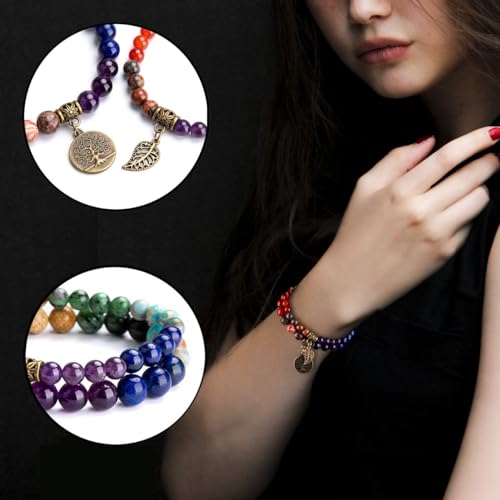 Bivei Natural Semi Precious Gemstone beads bracelet for women - Life Tree and Leaf Charm Energy Reiki Crystal Stretch Bracelets - color: # 7 chakras bracelet set- Bronze, size: Large:7.87-8.26inch