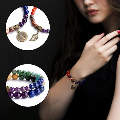 Bivei Natural Semi Precious Gemstone beads bracelet for women - Life Tree and Leaf Charm Energy Reiki Crystal Stretch Bracelets - color: # 7 chakras bracelet set- Bronze, size: Large:7.87-8.26inch