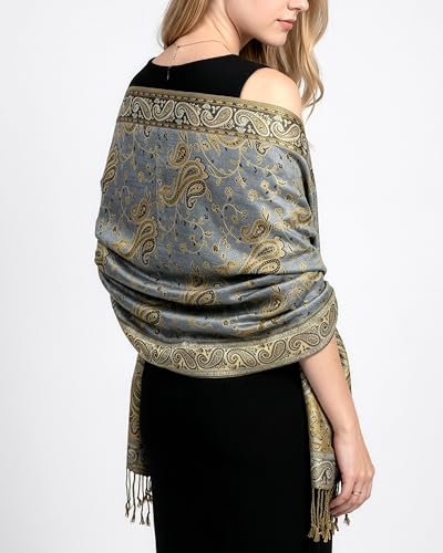 Achillea Reversible Paisley Pashmina Rave Scarf – Exotic Indian Shawls and Wraps for Evening Dresses, Festivals, All Seasons - color: Steel Blue
